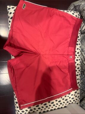 Lacoste Red Athletic Swim Shorts with White Trim